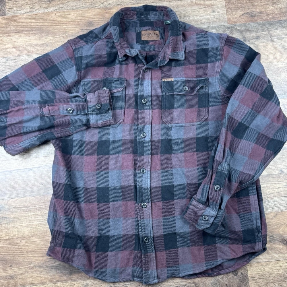 Orvis Mens L Heavyweight Flannel Side Pockets Purple Black Classic Fit - Picture 2 of 10